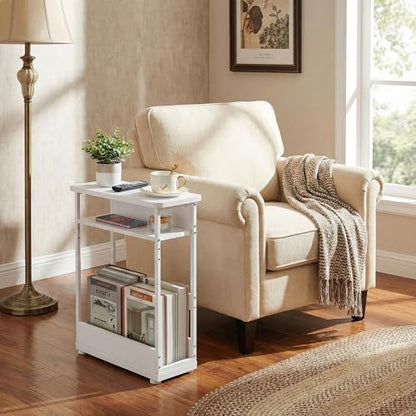 Narrow Side Table,3-Tier Slim End Table with Storage Shelf,Modern Sofa Table Thin Side Table for Narrow and Small Spaces, Skinny Bedside Table Small Nightstand with Magazine Rack Space Saving/White - color: White