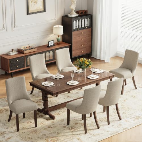 MALOL Wooden Dining Chairs Set of 6, Upholstered Kitchen & Dining Room Chairs with Solid Wood Legs Curved Backrest Farmhouse Accent Chair for Dining/Kitchen/Living Room, Camel - color: Camel, size: Set of 6