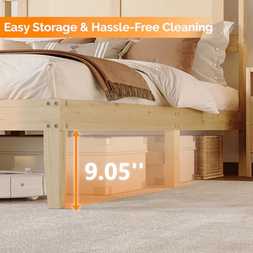 VINGLI Bed Frame Full Size with Rattan Headboard,Boho Platform Bed with Underbed Storage and Charging Ports for Bedroom,Solid Wooden Slats Surpport,Noise-Free,Natural - size: Full