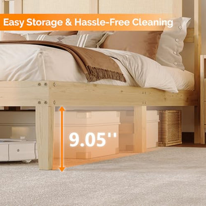VINGLI Bed Frame Full Size with Rattan Headboard,Boho Platform Bed with Underbed Storage and Charging Ports for Bedroom,Solid Wooden Slats Surpport,Noise-Free,Natural - size: Full