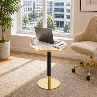 TesNus 23.6" Small Round Dining Table for 2, Circle Tulip Table, Faux Marble Top with Gold Metal Pedestal Base, Modern Leisure Coffee Table for Small Spaces, Cafe, Office, White&Gold - color: White Top&black Leg&gold Base