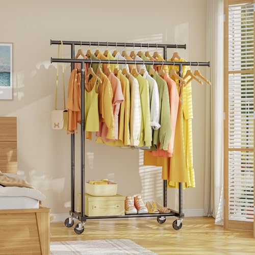 HYSEYY Double Rods Clothes Rack, Rolling Clothing Rack for Hanging Clothes Portable Wardrobe Rack, Metal Garment Rack Sturdy Coat Rack for Bedroom Laundry Living Room, Black - color: Black