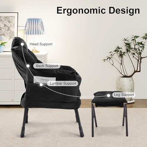 Lazy Chair with Ottoman, Modern Accent Lounge Chair with Side Pocket and Armrests, Cozy Reading Armchair with Footrest, Upholstered Sofa Chair for Small Spaces, Bedroom Living Room, Black - color: Black