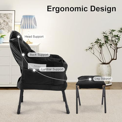 Lazy Chair with Ottoman, Modern Accent Lounge Chair with Side Pocket and Armrests, Cozy Reading Armchair with Footrest, Upholstered Sofa Chair for Small Spaces, Bedroom Living Room, Black - color: Black