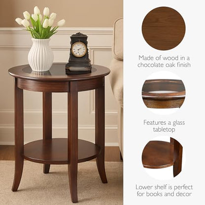 Leick Home Sheldon Round End Table, 18", Chocolate Oak - color: Chocolate Oak / Glass