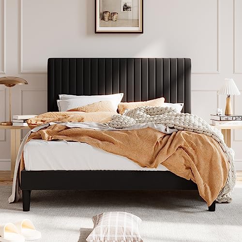 SHA CERLIN Queen Upholstered Platform Bed Frame with Adjustable Headboard/Vertical Channel Tufted Velvet Fabric/Wooden Slats Support/Mattress Foundation/Box Spring Optional/Black - color: Black, size: Queen
