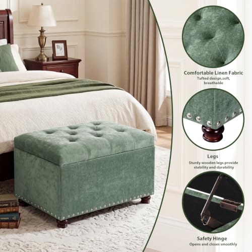 24" Storage Ottoman,Tufted Upholstered Fabric Ottoman Bench | Hidden Storage,Foot Rest Stool for Living Room Bedroom Entryway,Nailhead Trim,Wooden Legs,400 lbs Capacity - color: Green