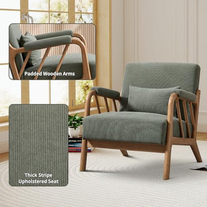 IOMOR Mid Century Modern Accent Chair with Solid Wood Frame, Upholstered Living Room Chairs with Lumbar Cushion Padded Arms, Reading Armchair for Bedroom (1, Olive Green) - color: Olive Green