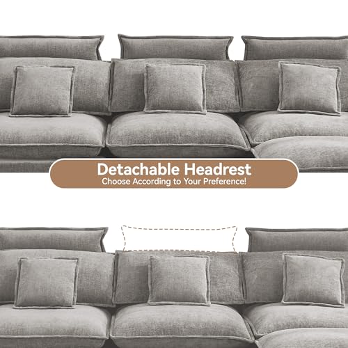103'' Cloud Modern 3 Seater Couch with Detachable Headrest, Modular Sectional Sofa with Ottoman, Oversized L Shape Chenille Comfy Sofa with Armrests for Living Room, Light Grey - color: Light Grey, size: L Shaped Couch