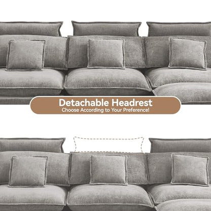 103'' Cloud Modern 3 Seater Couch with Detachable Headrest, Modular Sectional Sofa with Ottoman, Oversized L Shape Chenille Comfy Sofa with Armrests for Living Room, Light Grey - color: Light Grey, size: L Shaped Couch