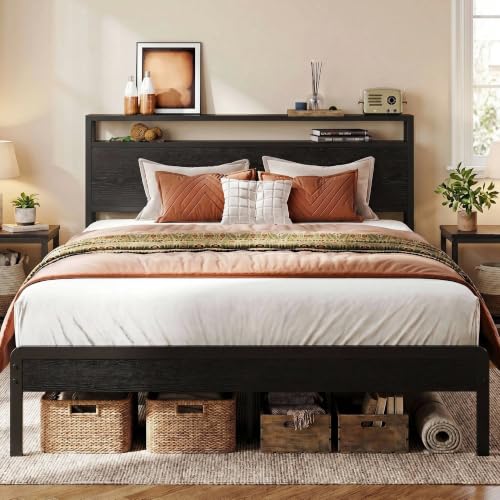 LIKIMIO Full Size Bed Frame with 2-Tier Storage Shelf Headboard | Dark Wood Platform Bed, Camas Full with Strong Metal Supports, Sturdy, Noise-Free, No Box Spring Needed, Black - color: Black, size: Full