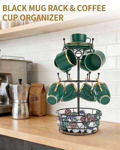 360° Rotating Coffee Cup Holder Tree | 3-Tier Metal Mug Rack with 10 Hooks, Coffee Bar Organizer Decor for Kitchen Countertop