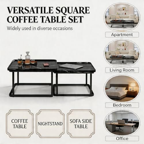 Nesting Coffee Table Set of 2 – Square Small Coffee Tables for Living Room, Bedroom, Balcony, Versatile End Table Set,Space Saving Mid Century Modern Nesting Coffee Tables Stackable, - color: Black
