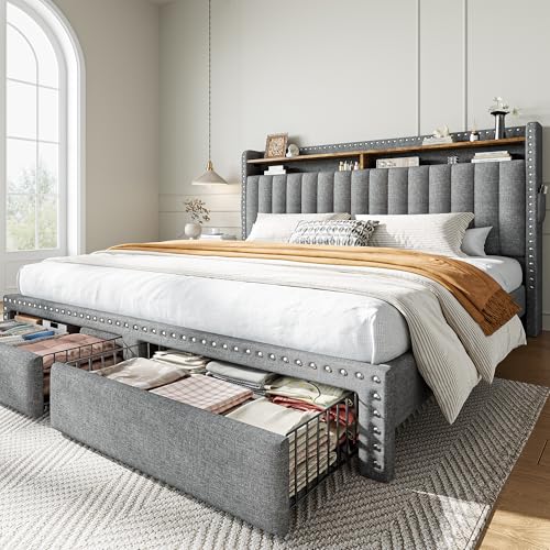 EnHomeeKing Size Bed Frame with 2 Drawers & 2-Tier Storage Headboard Shelf | 2 side pockets, Under-Bed space, Fabric upholstered, 1000lbs for bedroom apartment, Noise-Free, Easy Assembly, Grey - color: Grey, size: King