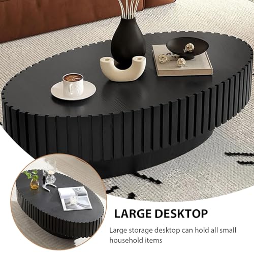 Oval Fluted Drum Coffee Table with Pedestal Base | 43.3'' Modern Black Wooden Drum Center Table, Handcrafted Solid Wood Fluted Edge, For Living Room & Apartment - color: Oval Black
