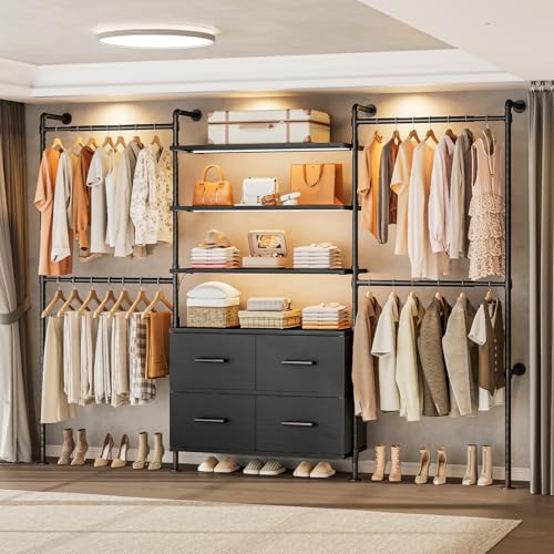 T3 Closet System with Stepless Dimmable LED Light & 4 Large Drawers | Adjustable from 6'6'' to 8'11'', Heavy Duty Industrial Pipe Clothing Rack with 6 Wooden Shelves & 4 Telescopic Rods, Black - color: Black