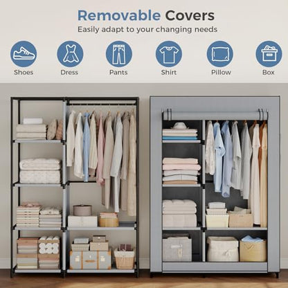 DUMOS Portable Wardrobe Closet with Cover, Freestanding Portable Garment Rack, Portable Closet Wardrobe for Clothes Storage, Clothes Organizer for Bedroom, Dorm, Apartment, Gray.