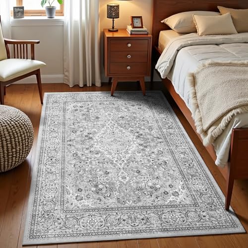 Grey Washable Boho Area Rug for Bedroom, 3x5 Vintage Floral Non Slip Rugs, Soft Low Pile Indoor Mat, Aesthetic Pattern Carpet for Living Room, Kitchen, Dining Room and Bedside - color: Grey, size: 3' x 5' (Rectangular)