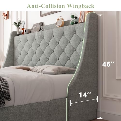 Feonase Queen Size Bed Frame with 4 Storage Drawers, Upholstered Storage Bed with Charging Station, Tufted Wingback Headboard, No Box Spring Needed, Light Grey, FEO737 - color: Light Grey, size: Queen