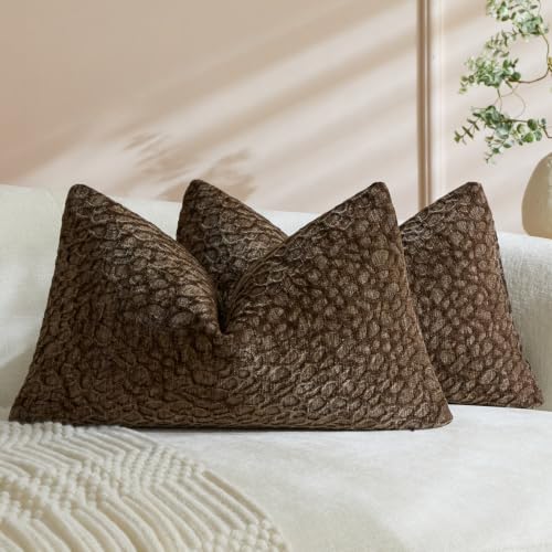 Chenille Lumbar Pillow Covers 12x20 Inch Set of 2, Chocolate Brown Textured Raised Abstract Rectangular Pillow Cases, Modern Boho Accent Pillows for Couch Sofa Bed Living Room - color: Chocolate Brown, size: 20" x 12" (Pack of 2)