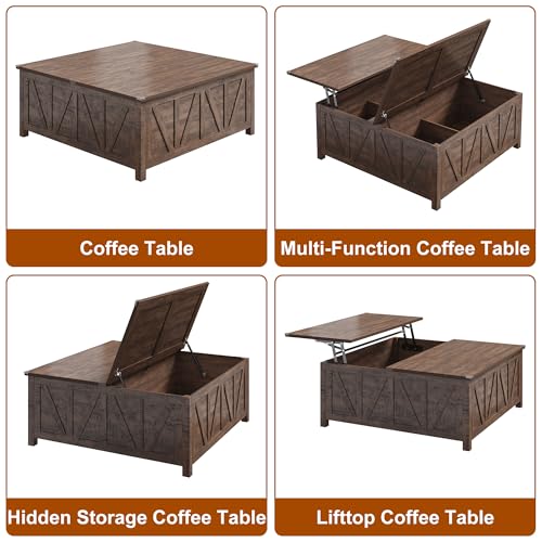 chartustriable 43.3“ Lift Top Coffee Table with Storage, Farmhouse Coffee Table with Large Hidden Storage Compartment and Shelves，Square Center Tables for Living Room, Tea Table Dark Brown - color: Brown