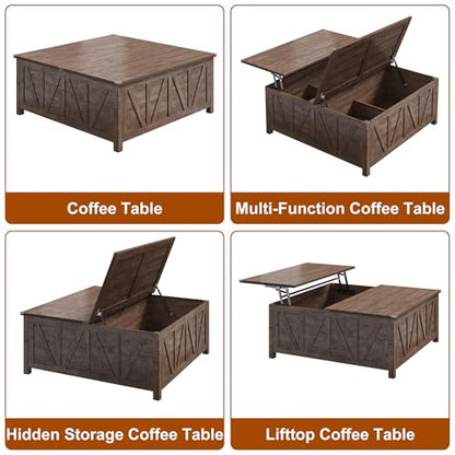 chartustriable 43.3“ Lift Top Coffee Table with Storage, Farmhouse Coffee Table with Large Hidden Storage Compartment and Shelves，Square Center Tables for Living Room, Tea Table Dark Brown - color: Brown