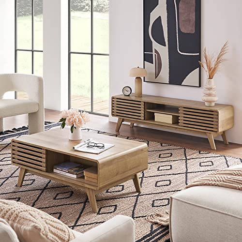 mopio Ensley Coffee Table with Storage, Mid Century Modern, Farmhouse Wood Coffee Table for Living Room Fluted (Oak) - color: Oak
