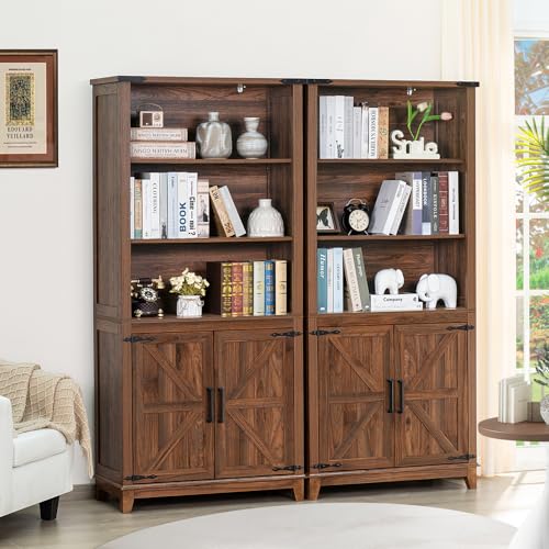 Joaxswe 70in Tall Bookshelf 5 Tier Bookcase with Barn Doors and Adjustable Shelves, Brown Farmhouse Book Shelf with Storage Cabinet, Wood Freestanding Display Bookshelves for Bedroom, Kitchen (3PCS) - color: Brown, size: 3 Piece