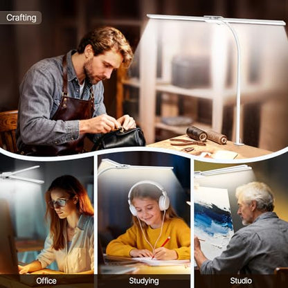 Syrinx LED Desk Lamp, Dual Head Desk Light with Clamp, Eye-Care Table Lamp | Flexible Gooseneck Task Light with Motion Sensor, Wired Control, 50 Lighting Modes, Timer & Memory Function for Home Office - color: White