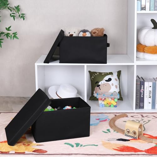 WUIKE 3 Pack Large Fabric Storage Bins with Lids, Decorative Storage Boxes with Handles, Storage Baskets for Shelves, Foldable Storage Containers, Closet Organizers for Towels, Clothes, Black - color: Black, size: Large