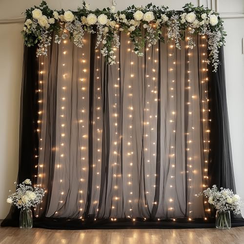 Fomcet Tulle Backdrop Curtains with Lights Black 10x8ft Sheer Curtain | Tulle Curtains Backdrop Sheer Backdrop Curtains for Parties, Wedding Birthday Baby Shower Photo Shoot Decors(2 Panels 5x8ft) - color: Black, size: 10FT X 8FT(2 Panels 5ft X 8ft)