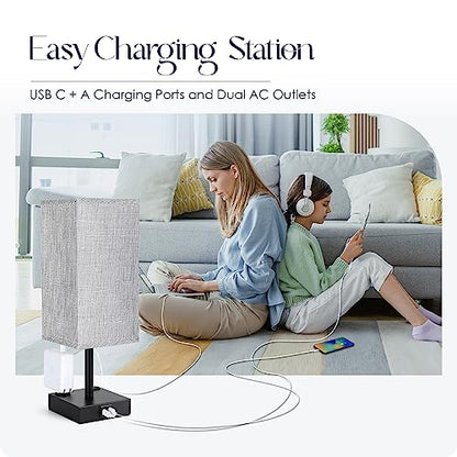 Bedside Table Lamps Set of 2 - Touch Nightstand Lamp for Bedroom with USB C+A Charging Ports & AC Outlets, 3-Way Dimmable Desk Lamp Grey Fabric Shade for Bedroom Living Room, Office(Bulb Included) - color: Gray