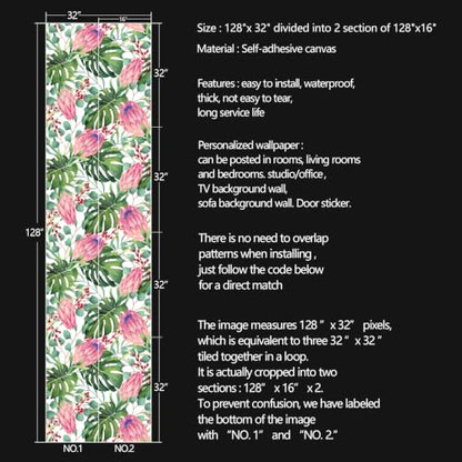 Tropical Floral Monstera Green Leaf Flowers Peel and Stick self Adhesive Wallpaper - 128''x32'' - color: X09, size: 128"x32"