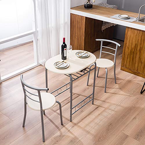 VINGLI 3 Piece Dining Set, Small Kitchen Table Set for 2, Breakfast Table Set, Kitchen Wooden Table with 2 Chairs for Small Space/Dining Room/Apartment, Metal Frame, Wine Rack, Beige - color: Beige