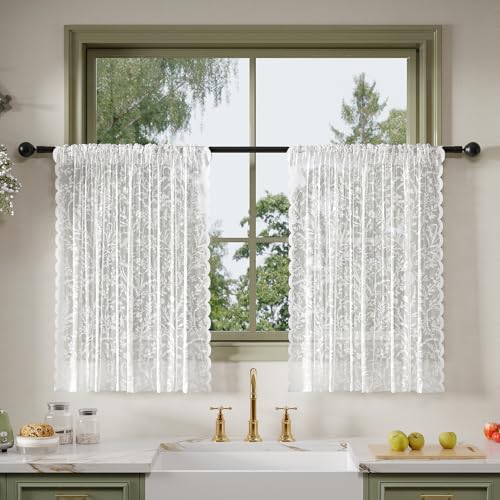 Anmao Vintage Lace Kitchen Curtains 36 Inches Long 2 Panels, Romantic Semi Sheer Floral Over Sink Lacy Cafe Curtain, Elegant Window Short Small Drapes, 55W x 36L, White Leaf - color: White Leaves, size: 55"W x 36"L (Pack of 2)