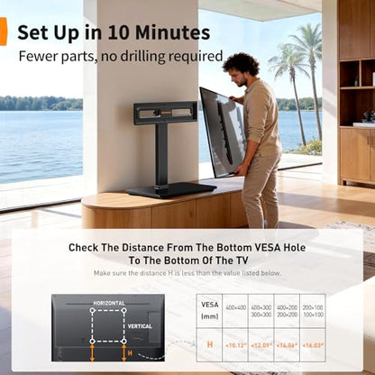 Perlegear Swivel TV Stand with Power Outlet for 32–72 inch TVs up to 99 lbs | Stable Tempered Glass Base, Universal TV Stand Base with Tilt, 9 height adjustments,cable management, max VESA 600x400mm - size: 32-72 Inch