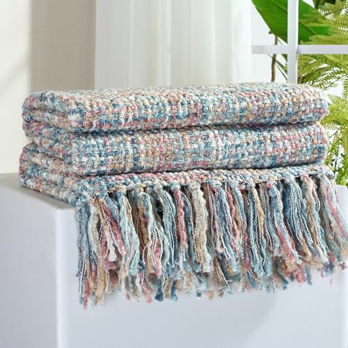 Multi-Color Cable Woven Throw Blanket for Couch - 60"X80" | Multicolored Boho Style,Super Soft Warm Cozy Chunky Blankets with Decorative Tassels for Bed and Sofa,Pink Blue - color: Multi-color Pink Blue, size: 60"x80"