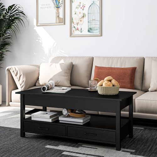 Panana Coffee Table, Lift Top Coffee Table with Hidden Compartment, 2 Drawers and 1 Open Shelf, Retro Central Wooden Table Lift Tabletop for Living Room (Black) - color: Black