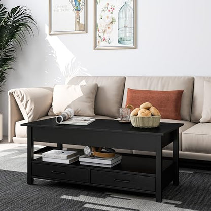 Panana Coffee Table, Lift Top Coffee Table with Hidden Compartment, 2 Drawers and 1 Open Shelf, Retro Central Wooden Table Lift Tabletop for Living Room (Black) - color: Black