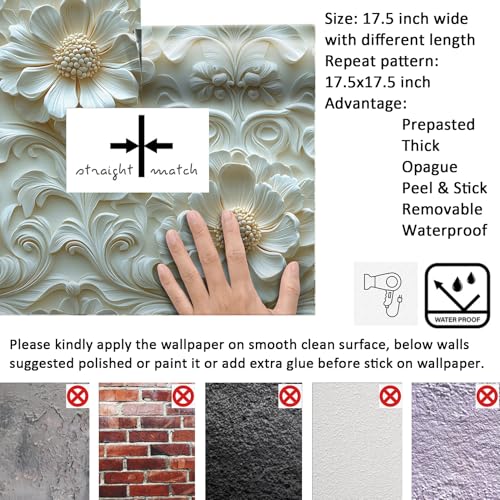 Livelynine Luxury Gold and White Floral 3D Wallpaper Peel and Stick Accent Wall Cover Self Adhesive Ceiling Wallpaper Beige Cream 3D Floral Contact Paper Decorative Wall Panels for Bathroom 17.5x78.8 - size: 17.5" x 78.8"