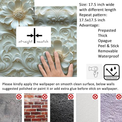 Livelynine Luxury Gold and White Floral 3D Wallpaper Peel and Stick Accent Wall Cover Self Adhesive Ceiling Wallpaper Beige Cream 3D Floral Contact Paper Decorative Wall Panels for Bathroom 17.5x78.8 - size: 17.5" x 78.8"