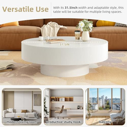 31.5" White Round Coffee Table with 6.8" Thick Tabletop & Sturdy Base, Modern Drum Center Table Circle Accent Side Table for Living Room, Minimalist Fluted Design, White - color: 31.5" Round Style 1, White