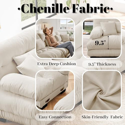 Modular Sectional Sofa for Living Room,134" L-Shaped Comfy Couch with Ottoman, Oversized 3 Seater Beige Sectional Couches with Pillows, Fluffy Couch Set with Deep Seat - color: Chenille Beige, size: 3-Seat & 1-Ottoman