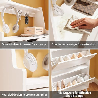 HHaotian Flip-Drawer Shoe Cabinet with Two Drawers & Open Shelves | Slim Hidden Shoe Rack Cabinet with Hook for Entryway, FSR221-W - color: White, size: 2-Drawers+Shelf