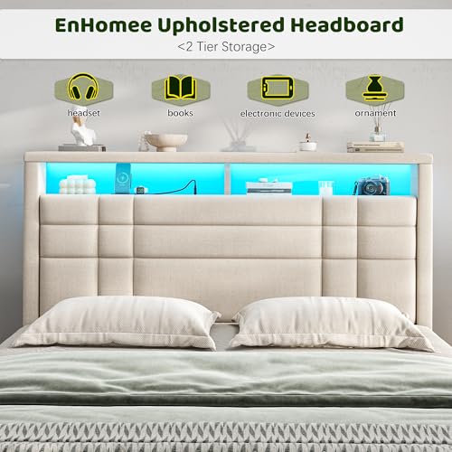 EnHomee Queen Upholstered Bed Frame with Charge Station & LED Lights, Beige | 2-Tier Shelves Headboard, 12" Under-Bed Storage Space, Noise-Free, No Box Spring Needed, Easy Assembly - color: Beige, size: Queen (U.S. Standard)