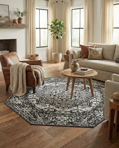 Rugs.com - Arlington Rug – 5 Ft Octagon Dark Gray Traditional Medallion Rug – Elegant Distressed Accent for Entryways, Bedrooms, and Home Offices - color: Dark Gray, size: 5' x 5' (Octagonal)