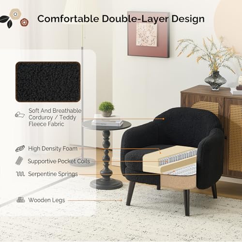 VINGLI 30.3" Wide Modern Barrel Accent Armchairs Set of 2 with Track Armrest, Solid Wooden Legs, Comfy Upholstered Club Chairs, Single Home Sofa for Living Room, Bedroom, Reading,Teddy Fleece Black - color: Black