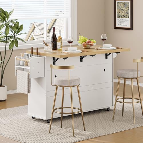 60" Kitchen Island with Power Outlet & Drop Leaf, Rolling Island with Spice Rack & Towel Rack, Kitchen Island Cart with Trash Storage Cabinet, Island Table for Kitchen, White - color: White