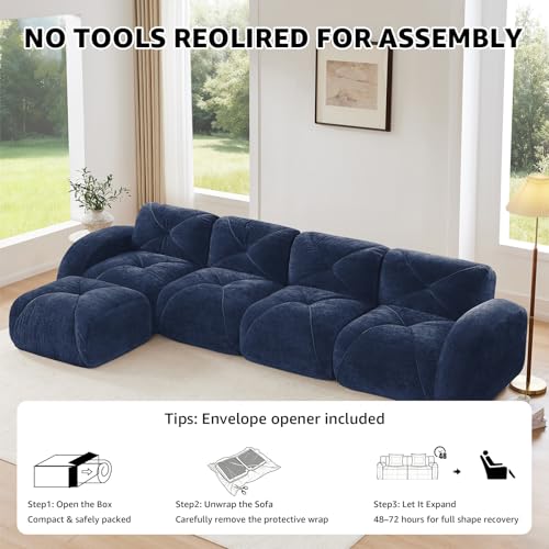 Blue Loveseat Sectional Couches for Living Room, Velvet Fabric Boneless Couch, No Assembly Cloud Modular Sectional Sofa Love Seat with 1 Ottoman, Foam Couch Compressed Sofa Set, Sofas para Sala - color: Blue, size: 2 Seater + 1 Ottoman