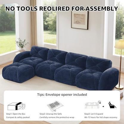 Blue Loveseat Sectional Couches for Living Room, Velvet Fabric Boneless Couch, No Assembly Cloud Modular Sectional Sofa Love Seat with 1 Ottoman, Foam Couch Compressed Sofa Set, Sofas para Sala - color: Blue, size: 2 Seater + 1 Ottoman